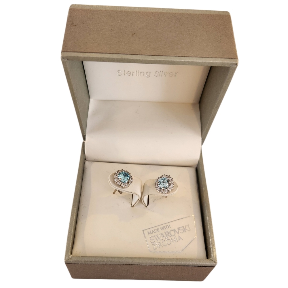 Swarovski Zirconia Sterling Silver - Light Blue & Cubic Zirconia Halo Earrings